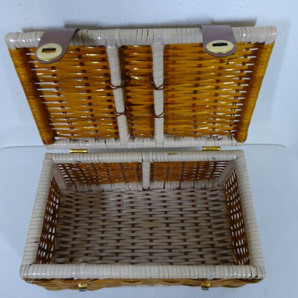 Vintage Wicker Sewing Basket Rectangle Hinged Double Clasp 14x8x7" Handles - Picture 8 of 11